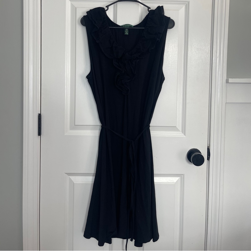 Lauren by Ralph Lauren Elegant Black Ruffle Tie Waist Dress